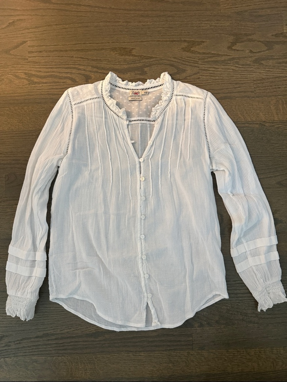 Faherty White Textured Button-Front Lace-Trim Blouse
